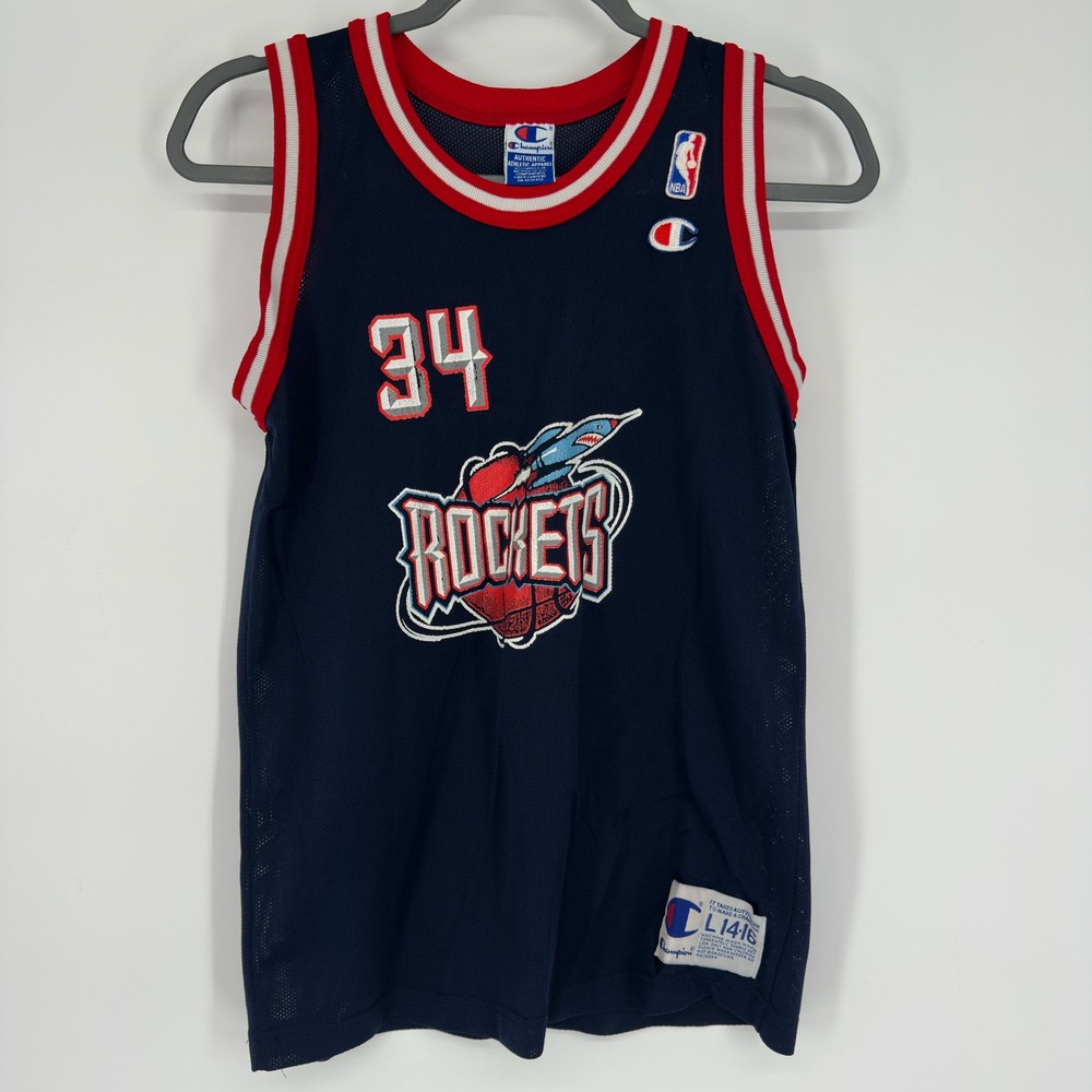 Vintage 90s Champion Houston Rockets Hakeem Olajuwon 34 Jersey Kids L 14-16 Navy